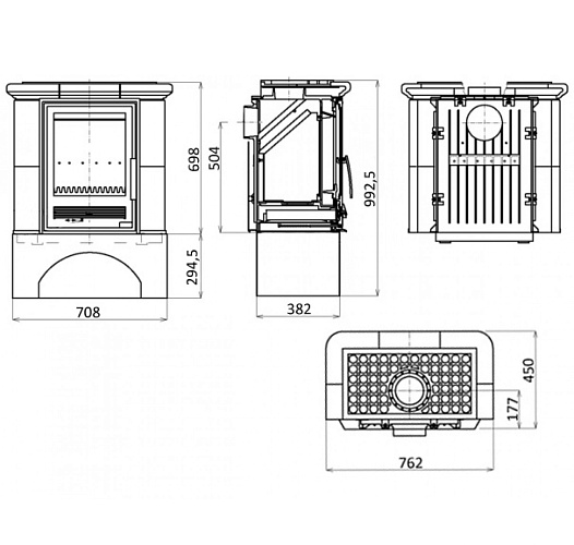 Кафельная печь Bavaria K - вставка комбо, прямой цоколь бутылочное стекло_2